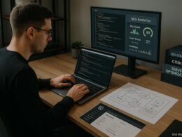 Webentwickler arbeitet an Laptop mit Code, umgeben von Serverdiagrammen, SEO-Analysen und Fachbüchern in einem modernen, gut beleuchteten Büro