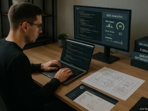 Webentwickler arbeitet an Laptop mit Code, umgeben von Serverdiagrammen, SEO-Analysen und Fachbüchern in einem modernen, gut beleuchteten Büro