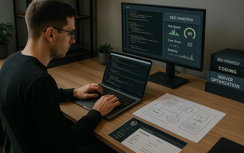 Webentwickler arbeitet an Laptop mit Code, umgeben von Serverdiagrammen, SEO-Analysen und Fachbüchern in einem modernen, gut beleuchteten Büro