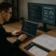 Webentwickler arbeitet an Laptop mit Code, umgeben von Serverdiagrammen, SEO-Analysen und Fachbüchern in einem modernen, gut beleuchteten Büro