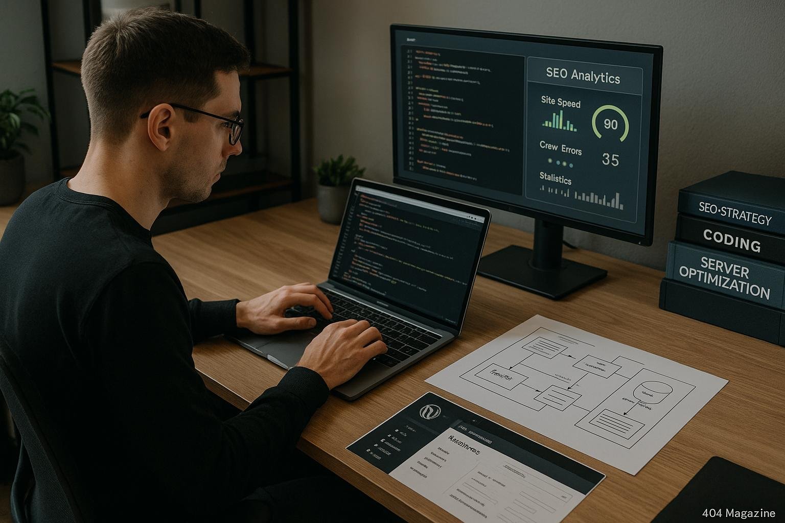 Webentwickler arbeitet an Laptop mit Code, umgeben von Serverdiagrammen, SEO-Analysen und Fachbüchern in einem modernen, gut beleuchteten Büro