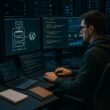 Moderner High-Tech WordPress-Entwicklungsarbeitsplatz mit mehreren Monitoren, Entwickler, Serverracks und Performance-Analysen, präsentiert technisches SEO und Website-Optimierung