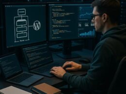 Moderner High-Tech WordPress-Entwicklungsarbeitsplatz mit mehreren Monitoren, Entwickler, Serverracks und Performance-Analysen, präsentiert technisches SEO und Website-Optimierung