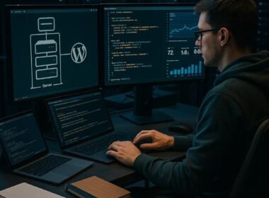 Moderner High-Tech WordPress-Entwicklungsarbeitsplatz mit mehreren Monitoren, Entwickler, Serverracks und Performance-Analysen, präsentiert technisches SEO und Website-Optimierung