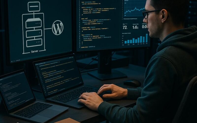 Moderner High-Tech WordPress-Entwicklungsarbeitsplatz mit mehreren Monitoren, Entwickler, Serverracks und Performance-Analysen, präsentiert technisches SEO und Website-Optimierung