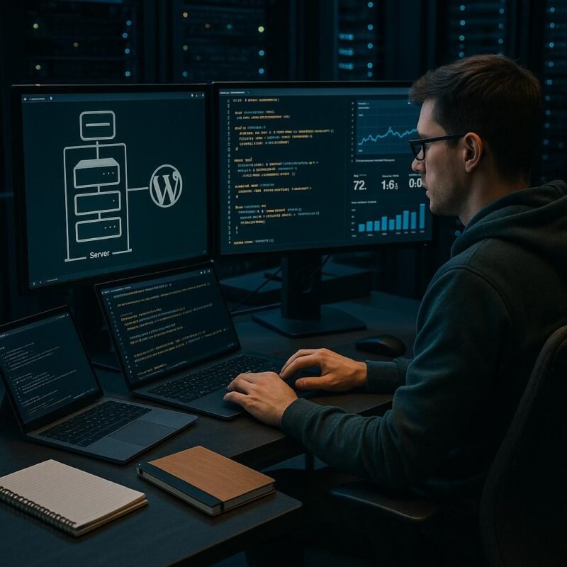 Moderner High-Tech WordPress-Entwicklungsarbeitsplatz mit mehreren Monitoren, Entwickler, Serverracks und Performance-Analysen, präsentiert technisches SEO und Website-Optimierung