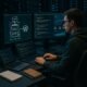 Moderner High-Tech WordPress-Entwicklungsarbeitsplatz mit mehreren Monitoren, Entwickler, Serverracks und Performance-Analysen, präsentiert technisches SEO und Website-Optimierung