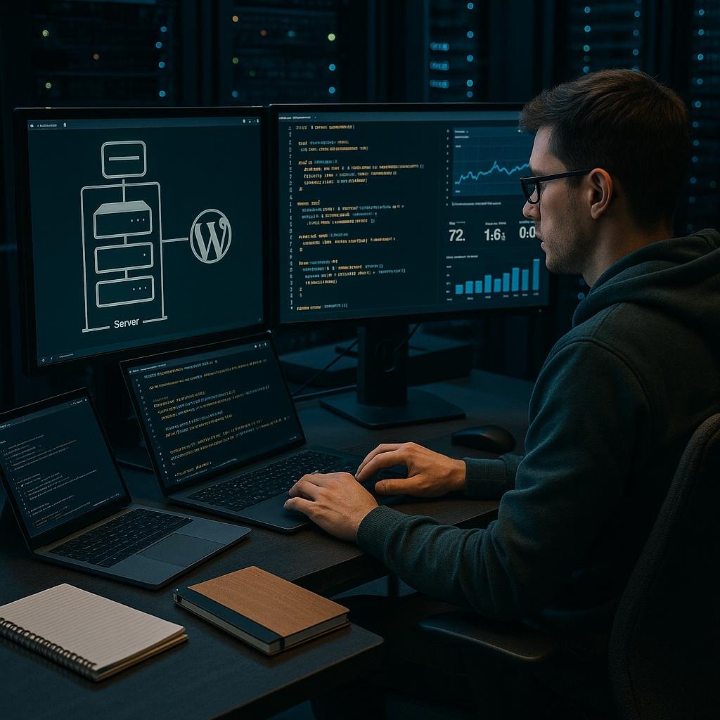 Moderner High-Tech WordPress-Entwicklungsarbeitsplatz mit mehreren Monitoren, Entwickler, Serverracks und Performance-Analysen, präsentiert technisches SEO und Website-Optimierung