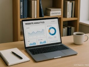 Moderner Arbeitsplatz mit Laptop, Notizblock, Stift, Kaffee und Bücherregalen im Hintergrund, zeigt Website-Analysetools und Konzentration.