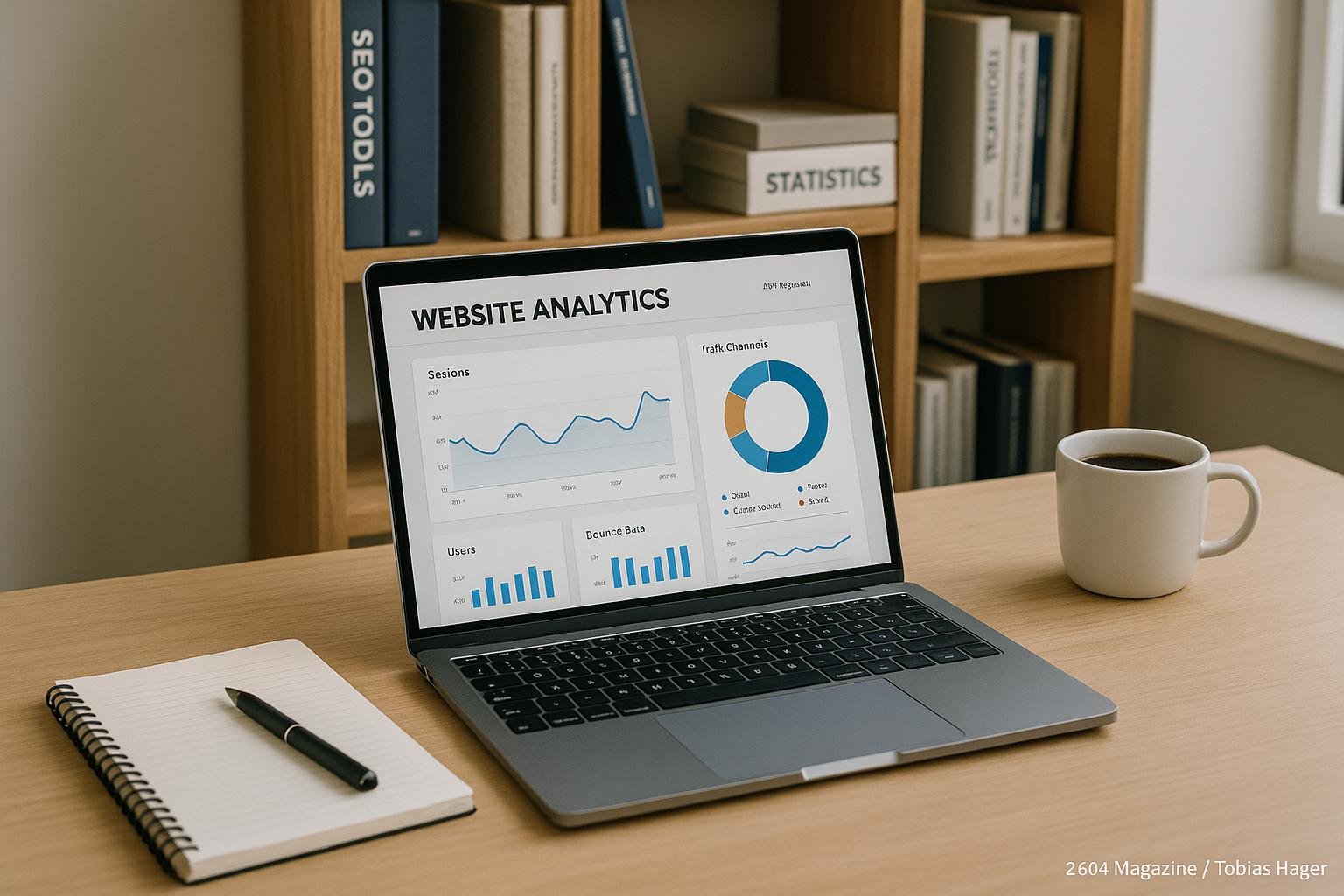Moderner Arbeitsplatz mit Laptop, Notizblock, Stift, Kaffee und Bücherregalen im Hintergrund, zeigt Website-Analysetools und Konzentration.