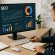 Modernes ergonomisches Büro mit Computerbildschirm, der SEO-Analysen und Diagramme zeigt, umgeben von Notizbüchern, Tastatur und Maus, mit Pflanzen im Hintergrund