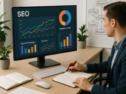 Modernes ergonomisches Büro mit Computerbildschirm, der SEO-Analysen und Diagramme zeigt, umgeben von Notizbüchern, Tastatur und Maus, mit Pflanzen im Hintergrund