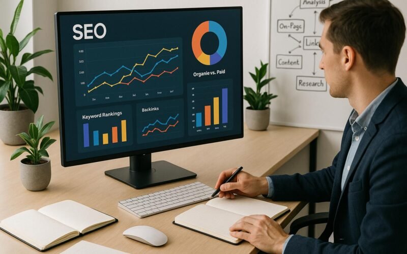 Modernes ergonomisches Büro mit Computerbildschirm, der SEO-Analysen und Diagramme zeigt, umgeben von Notizbüchern, Tastatur und Maus, mit Pflanzen im Hintergrund