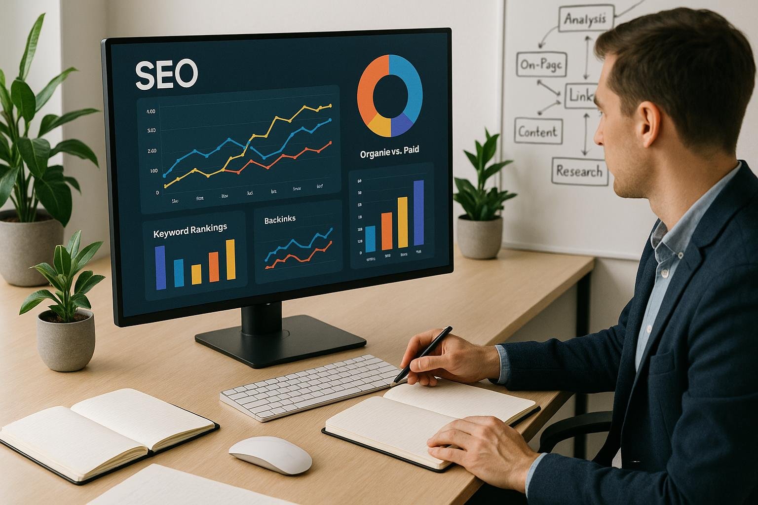 Modernes ergonomisches Büro mit Computerbildschirm, der SEO-Analysen und Diagramme zeigt, umgeben von Notizbüchern, Tastatur und Maus, mit Pflanzen im Hintergrund