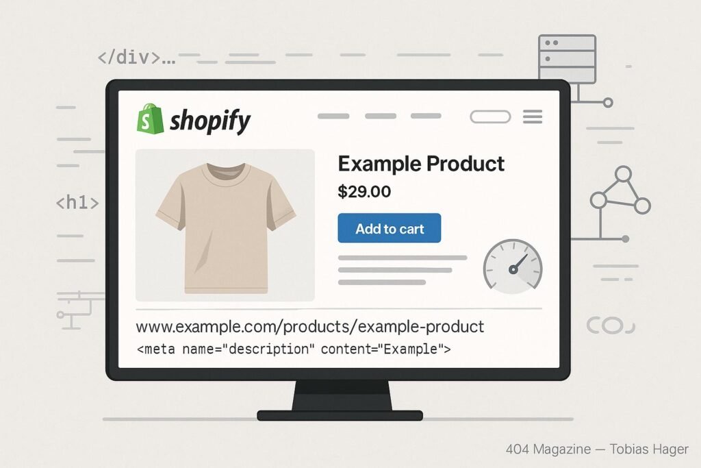 Stilvoll gestalteter Shopify-Shop auf großem Bildschirm mit strukturierten Produktseiten und technischen SEO-Elementen im Hintergrund