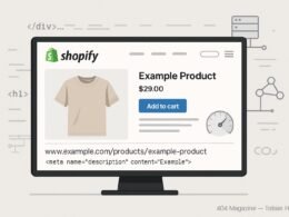Stilvoll gestalteter Shopify-Shop auf großem Bildschirm mit strukturierten Produktseiten und technischen SEO-Elementen im Hintergrund
