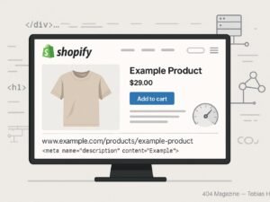 Stilvoll gestalteter Shopify-Shop auf großem Bildschirm mit strukturierten Produktseiten und technischen SEO-Elementen im Hintergrund