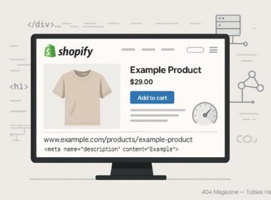 Stilvoll gestalteter Shopify-Shop auf großem Bildschirm mit strukturierten Produktseiten und technischen SEO-Elementen im Hintergrund