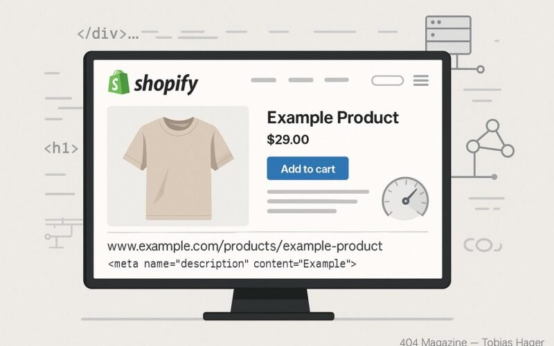 Stilvoll gestalteter Shopify-Shop auf großem Bildschirm mit strukturierten Produktseiten und technischen SEO-Elementen im Hintergrund