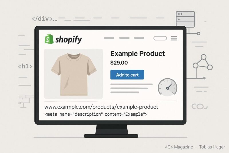 Stilvoll gestalteter Shopify-Shop auf großem Bildschirm mit strukturierten Produktseiten und technischen SEO-Elementen im Hintergrund