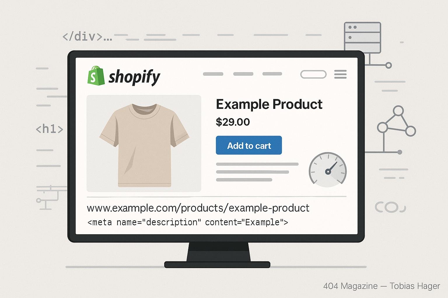 Stilvoll gestalteter Shopify-Shop auf großem Bildschirm mit strukturierten Produktseiten und technischen SEO-Elementen im Hintergrund