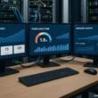 Modernes Büro mit mehreren Monitoren, Server-Racks und Netzwerkhardware, die technische Infrastruktur für SEO darstellen