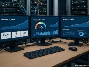 Modernes Büro mit mehreren Monitoren, Server-Racks und Netzwerkhardware, die technische Infrastruktur für SEO darstellen