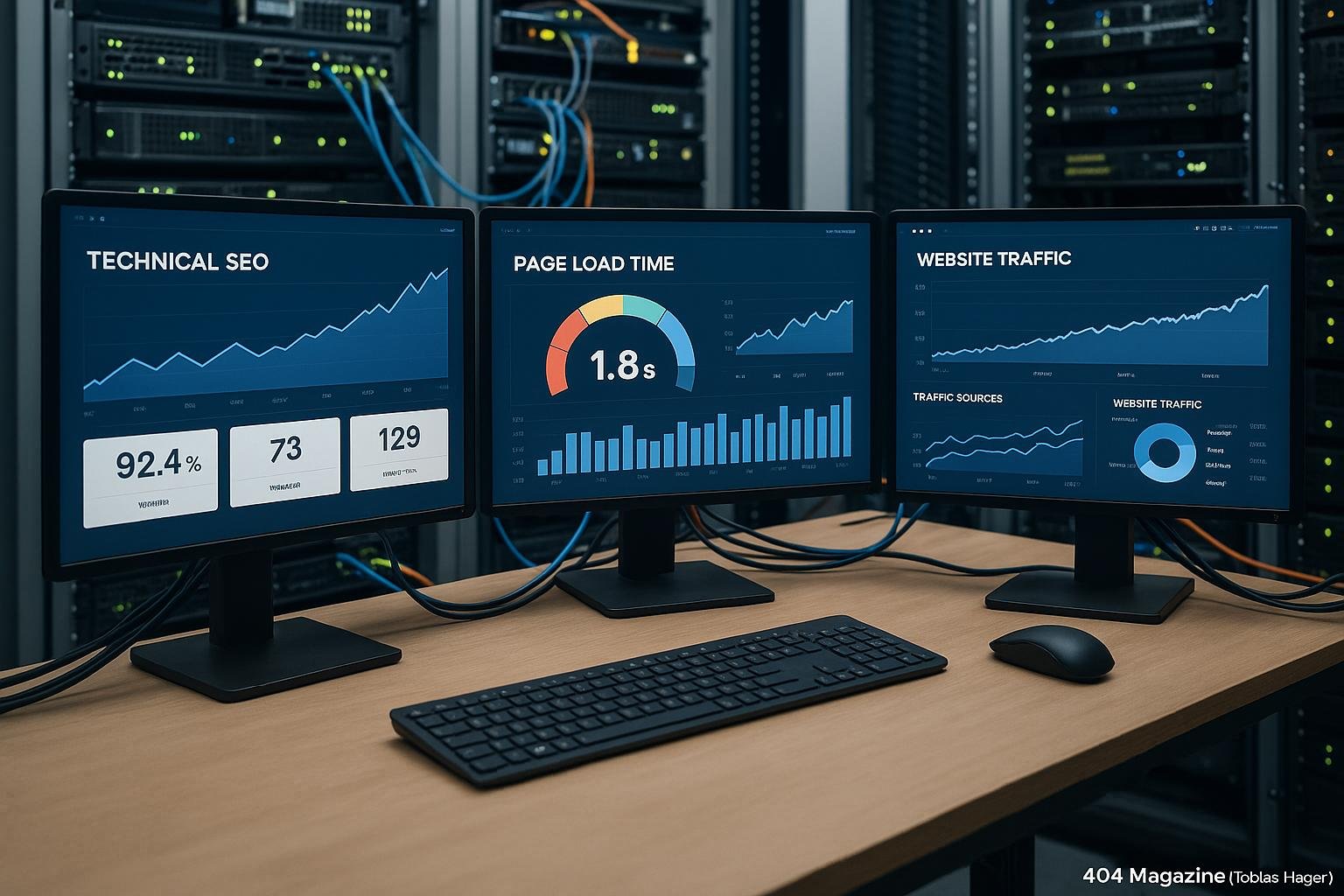 Modernes Büro mit mehreren Monitoren, Server-Racks und Netzwerkhardware, die technische Infrastruktur für SEO darstellen