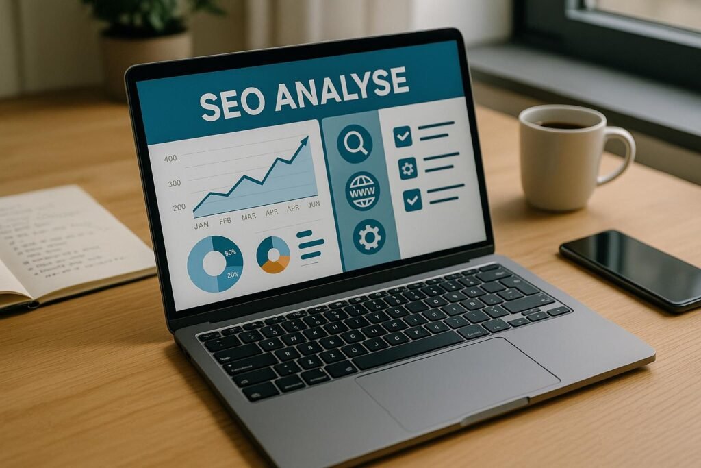 Moderner Arbeitsplatz mit Laptop, der eine umfassende SEO-Analyse anzeigt, im Hintergrund Notizen, Kaffee und Smartphone, bei natürlichem Licht