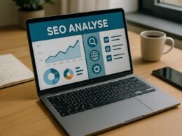 Moderner Arbeitsplatz mit Laptop, der eine umfassende SEO-Analyse anzeigt, im Hintergrund Notizen, Kaffee und Smartphone, bei natürlichem Licht