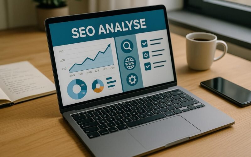 Moderner Arbeitsplatz mit Laptop, der eine umfassende SEO-Analyse anzeigt, im Hintergrund Notizen, Kaffee und Smartphone, bei natürlichem Licht
