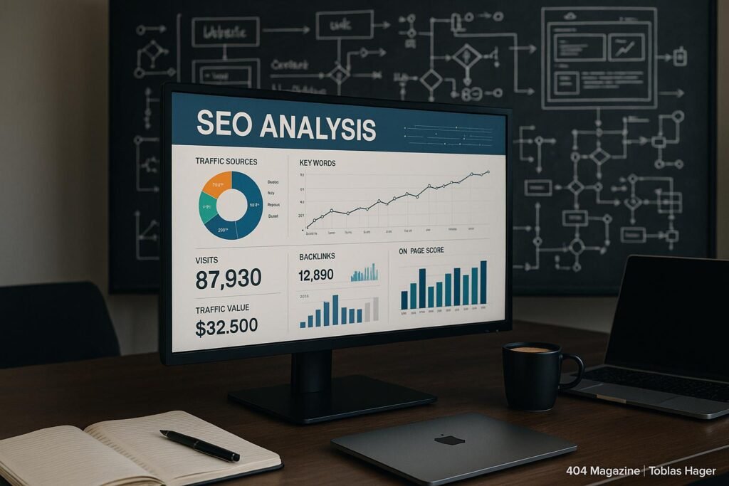 Modernes Büro mit großem Bildschirm, technische Diagramme und SEO-Analyse, umgeben von Notizbüchern, Laptop und Kaffee, im Hintergrund technische Visualisierungen auf einer Tafel