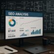Modernes Büro mit großem Bildschirm, technische Diagramme und SEO-Analyse, umgeben von Notizbüchern, Laptop und Kaffee, im Hintergrund technische Visualisierungen auf einer Tafel
