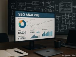 Modernes Büro mit großem Bildschirm, technische Diagramme und SEO-Analyse, umgeben von Notizbüchern, Laptop und Kaffee, im Hintergrund technische Visualisierungen auf einer Tafel