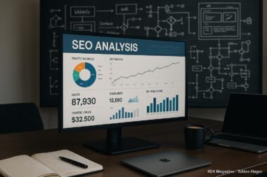 Modernes Büro mit großem Bildschirm, technische Diagramme und SEO-Analyse, umgeben von Notizbüchern, Laptop und Kaffee, im Hintergrund technische Visualisierungen auf einer Tafel