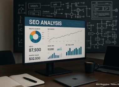 Modernes Büro mit großem Bildschirm, technische Diagramme und SEO-Analyse, umgeben von Notizbüchern, Laptop und Kaffee, im Hintergrund technische Visualisierungen auf einer Tafel
