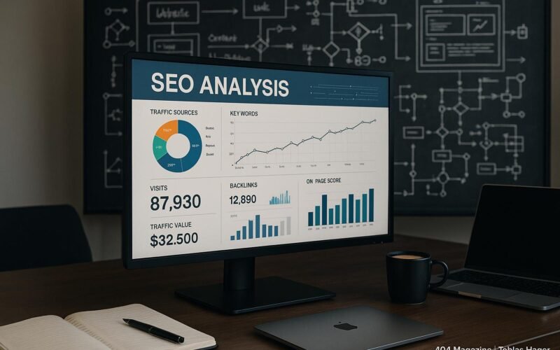 Modernes Büro mit großem Bildschirm, technische Diagramme und SEO-Analyse, umgeben von Notizbüchern, Laptop und Kaffee, im Hintergrund technische Visualisierungen auf einer Tafel