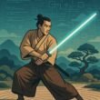 Stilisierter Samurai in traditioneller Kleidung mit leuchtendem Schwert in Zen-Garten, im Hintergrund digitale und technische Symbole.