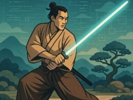 Stilisierter Samurai in traditioneller Kleidung mit leuchtendem Schwert in Zen-Garten, im Hintergrund digitale und technische Symbole.