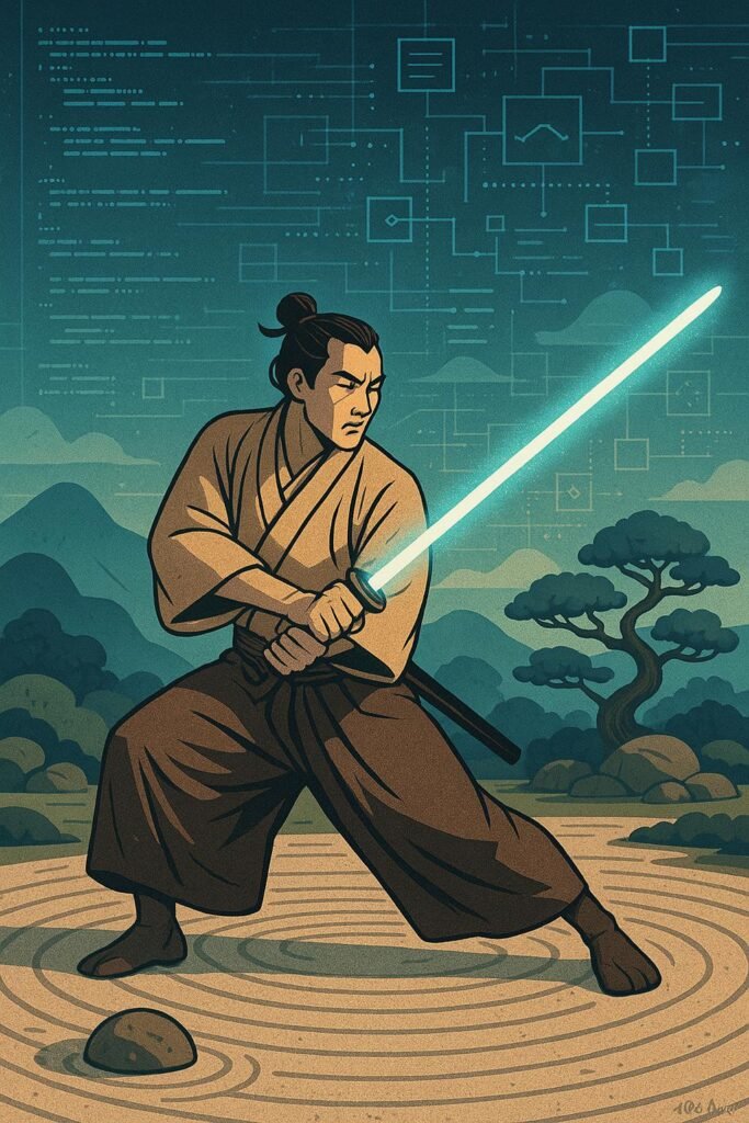 Stilisierter Samurai in traditioneller Kleidung mit leuchtendem Schwert in Zen-Garten, im Hintergrund digitale und technische Symbole.