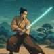 Stilisierter Samurai in traditioneller Kleidung mit leuchtendem Schwert in Zen-Garten, im Hintergrund digitale und technische Symbole.