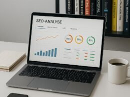 Modernes Arbeitssetup mit Laptop, Notizblöcken, Smartphone, Tasse Kaffee und Hintergrundregalen mit Fachbüchern über Webtechnologien und digitales Marketing.