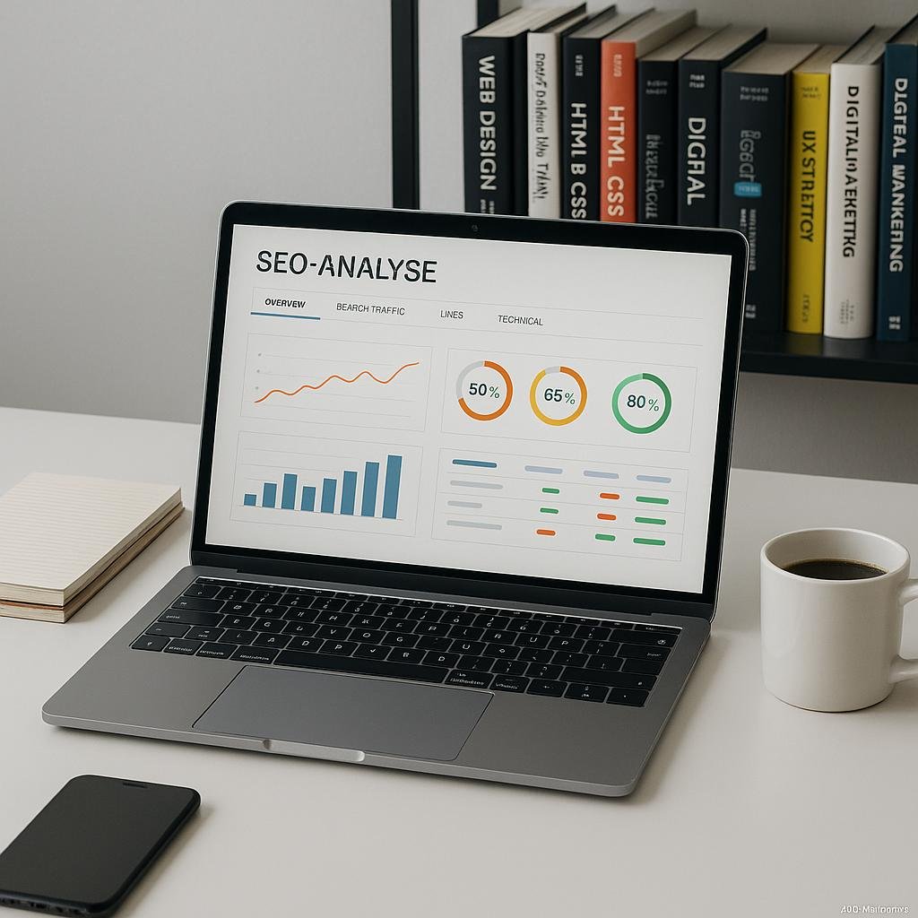Modernes Arbeitssetup mit Laptop, Notizblöcken, Smartphone, Tasse Kaffee und Hintergrundregalen mit Fachbüchern über Webtechnologien und digitales Marketing.