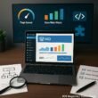 Arbeitsplatz eines WordPress-Entwicklers mit Laptop, SEO-Tools, Diagrammen und Code-Snippets zur Optimierung.