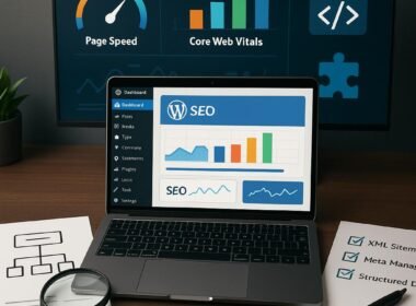 Arbeitsplatz eines WordPress-Entwicklers mit Laptop, SEO-Tools, Diagrammen und Code-Snippets zur Optimierung.