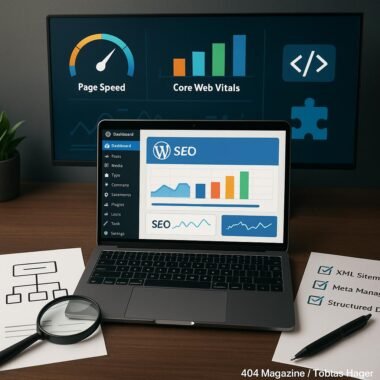 Arbeitsplatz eines WordPress-Entwicklers mit Laptop, SEO-Tools, Diagrammen und Code-Snippets zur Optimierung.