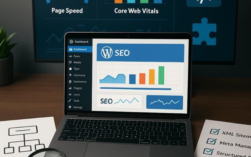 Arbeitsplatz eines WordPress-Entwicklers mit Laptop, SEO-Tools, Diagrammen und Code-Snippets zur Optimierung.