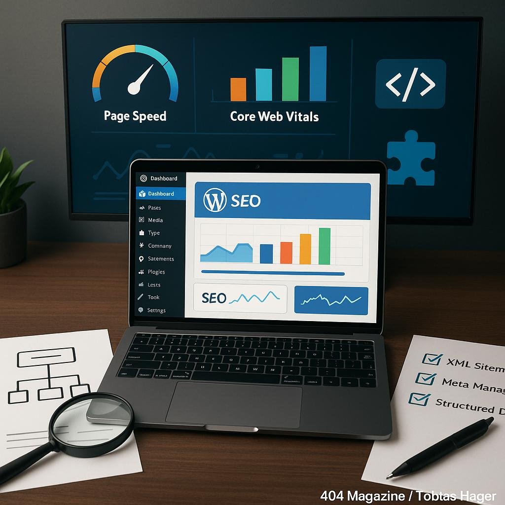 Arbeitsplatz eines WordPress-Entwicklers mit Laptop, SEO-Tools, Diagrammen und Code-Snippets zur Optimierung.