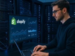 Moderner Shopify-Store-Serverraum mit blinkenden Servern, Kabelmanagement und einem Shop-Betreiber, der mit Laptop arbeitet, dargestellt in kühlem Blau- und Grauton