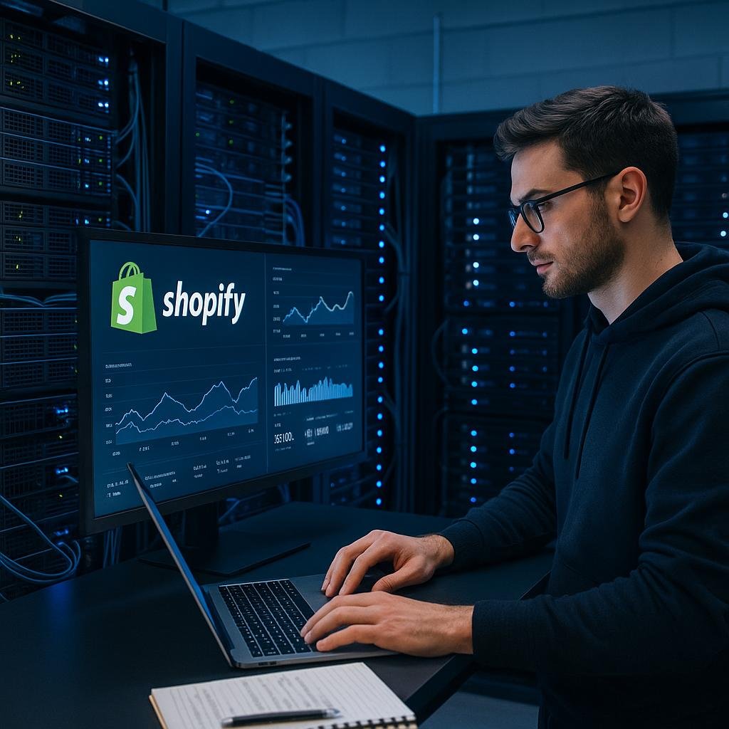 Moderner Shopify-Store-Serverraum mit blinkenden Servern, Kabelmanagement und einem Shop-Betreiber, der mit Laptop arbeitet, dargestellt in kühlem Blau- und Grauton
